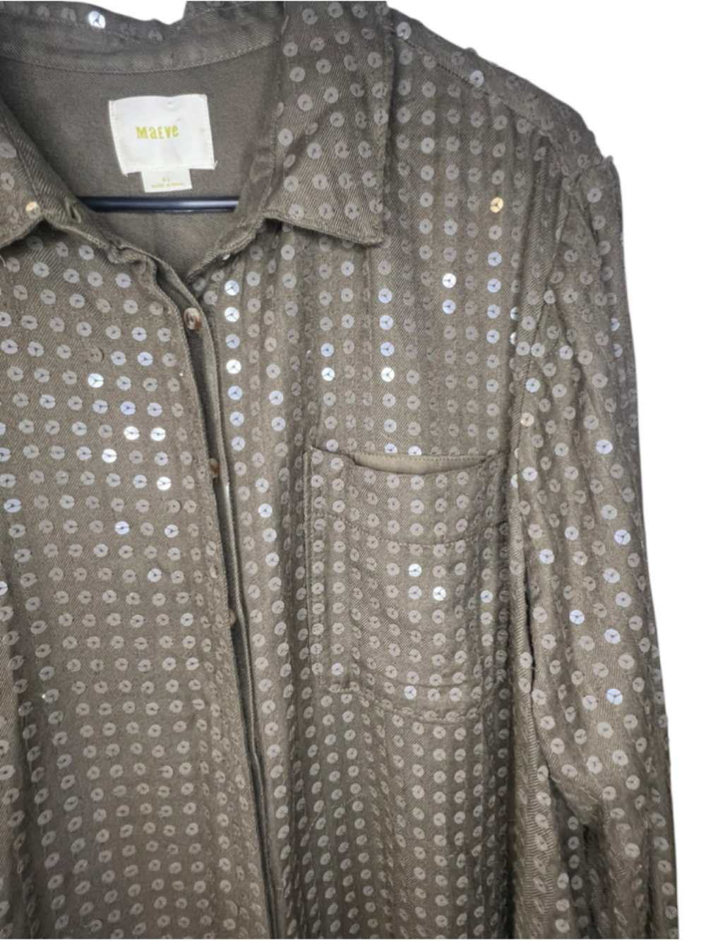 Maeve Anthropologie Olive Green Sequin Covered Oversized Long Sleeve Button Down - Picture 2 of 5